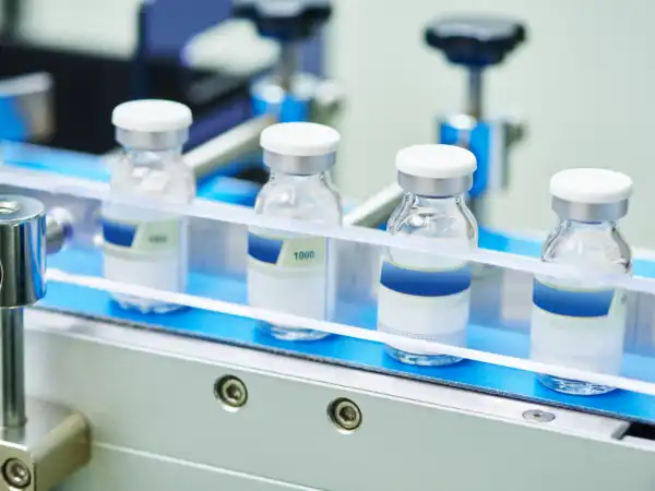 pharmaceutical industry. Production line machine conveyor with glass bottles ampoules at factory